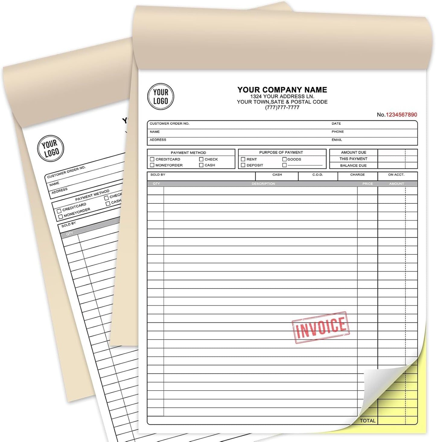 Custom Sales Invoice Personalized Carbonless NCR Forms with Company Name/Logo Personalized Invoice, Receipt Book, Work Sales Purchase Orders, Estimates, Quote Forms 8.5" x 11" - 2 Part(100 Sets)