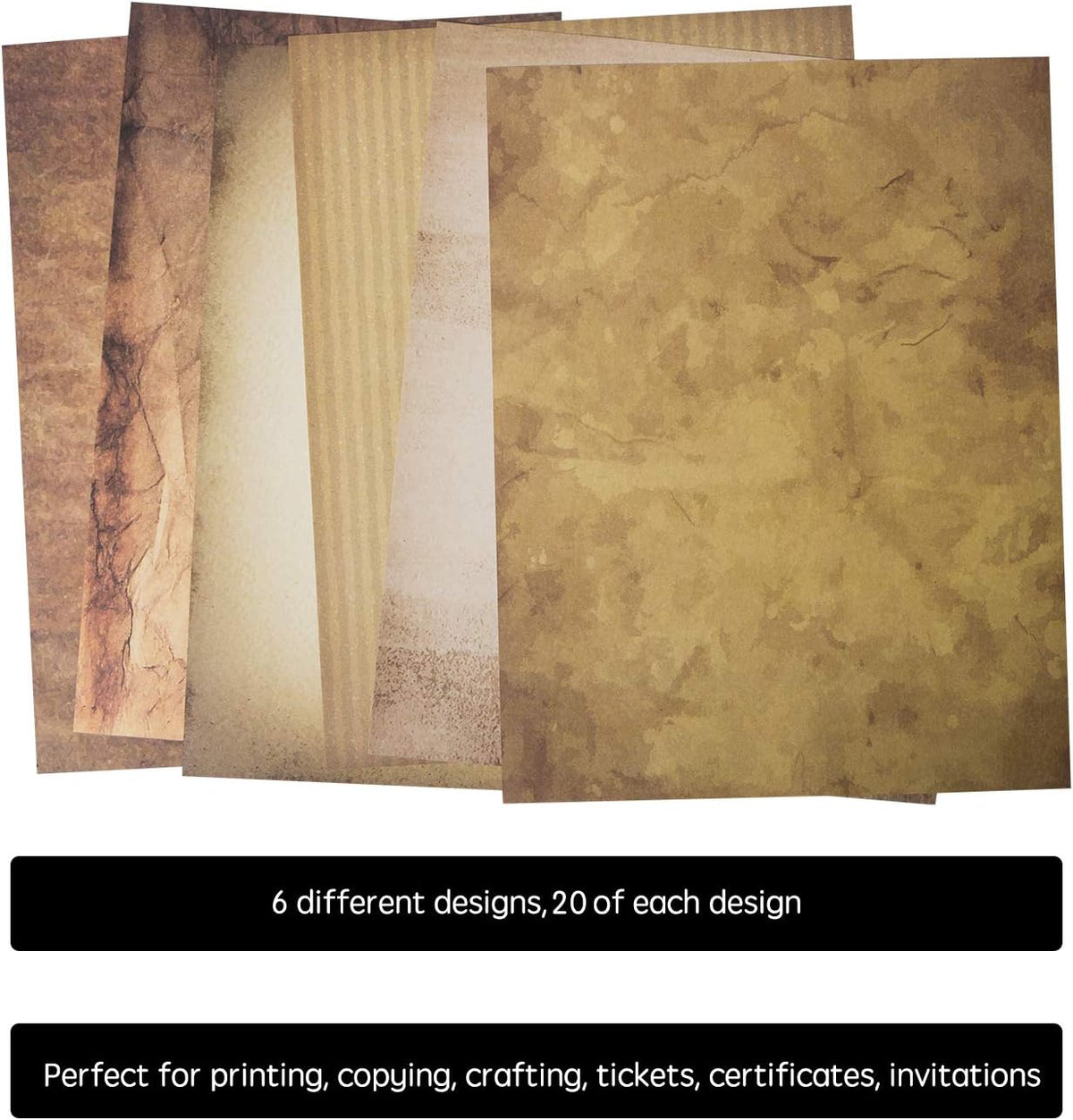 120 Aged Paper - Antique Looking Vintage Papers With Classic Aged Paper Designs - Six Unique Old Looking Designs - Printable Writing paper, 8.5 x 11 inches (Pack of 120)