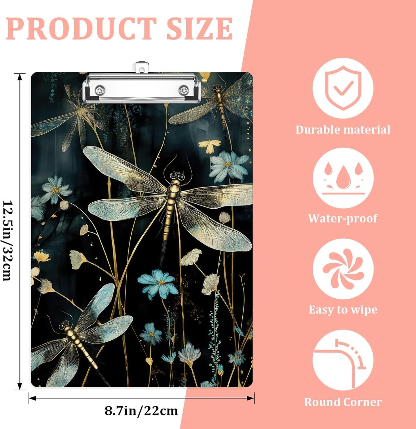 Dragonfly Blue FloralPlastic Clipboards,Cute Fashion Clipboard Decorative 8.5" x 12.5"Standard A4 Size Clipboards,Acrylic Clipboard for Teacher,Social Worker,Students,Nurse,Office Supplies