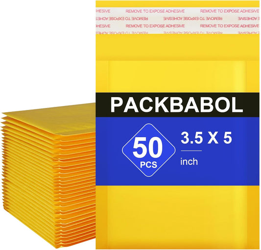 packbabol Kraft bubble mailers 3.5x5 Inch 50 Pack,Self-Sealing Paper Envelopes for Packaging,Strong Adhesion Envelope Mailers, Small Waterproof Cushioned Padded Shipping Bags Yellow #0000
