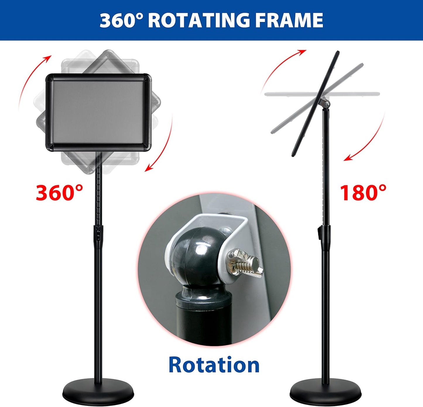 8.5x11 Inch Adjustable Pedestal Poster Sign Stand, Heavy Duty Floor Standing Sign Holder Stand Aluminum Snap Open Frame for Vertical and Horizontal View Sign Displayed (Black, Round)
