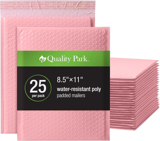 Quality Park Bubble Mailers, 8.25 x 11, Light Pink Poly Mailers, Padded Envelopes, Shipping Bags, Water Resistant, Self Seal, 25 Per Box (QUA85908)