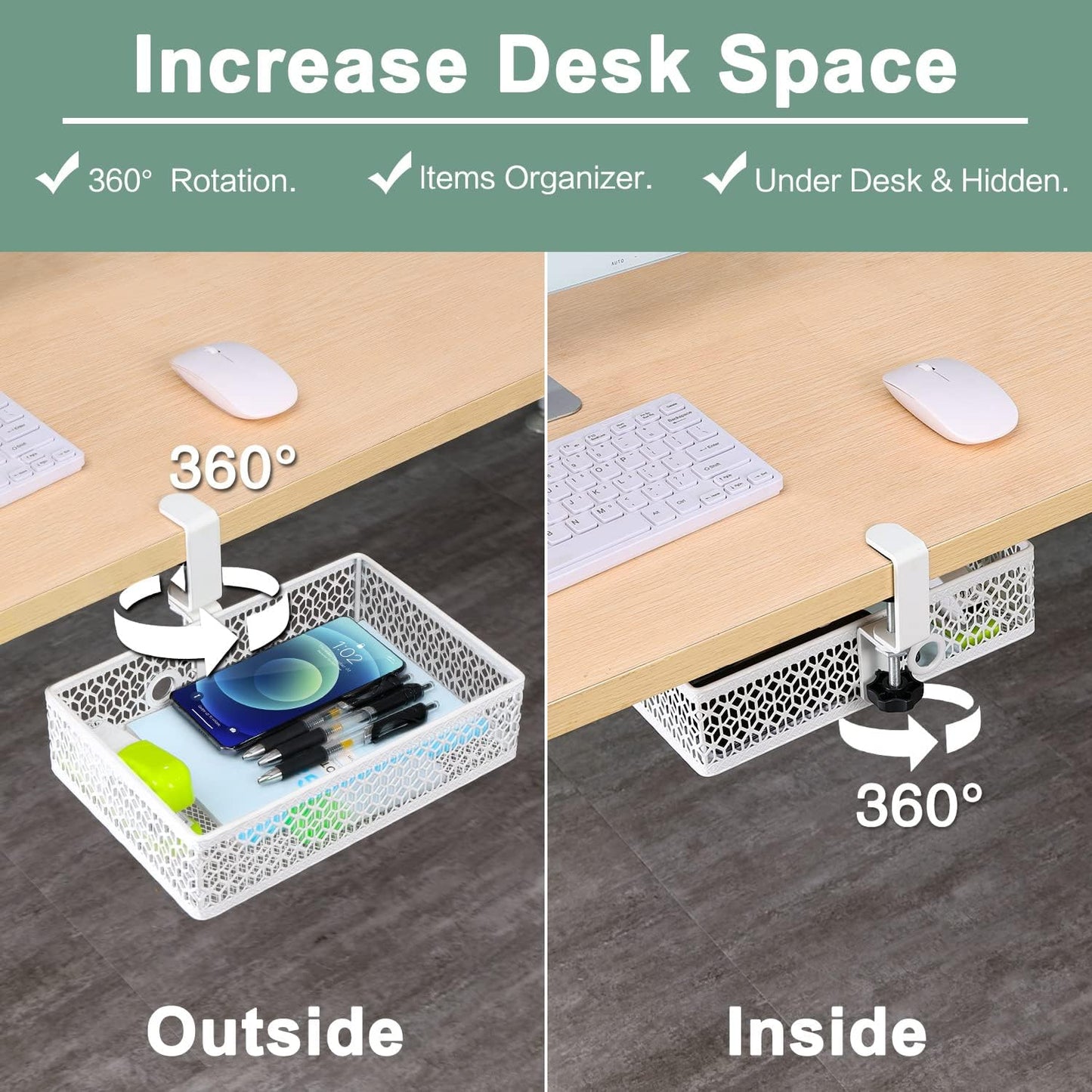 OSYLINE Heavy Duty Clamp On Under Desk Drawer Organizer Storage Tray Basket with Non-Slip Pad Hanging Mount for Home Office Studio Bedroom or Dorm (white)