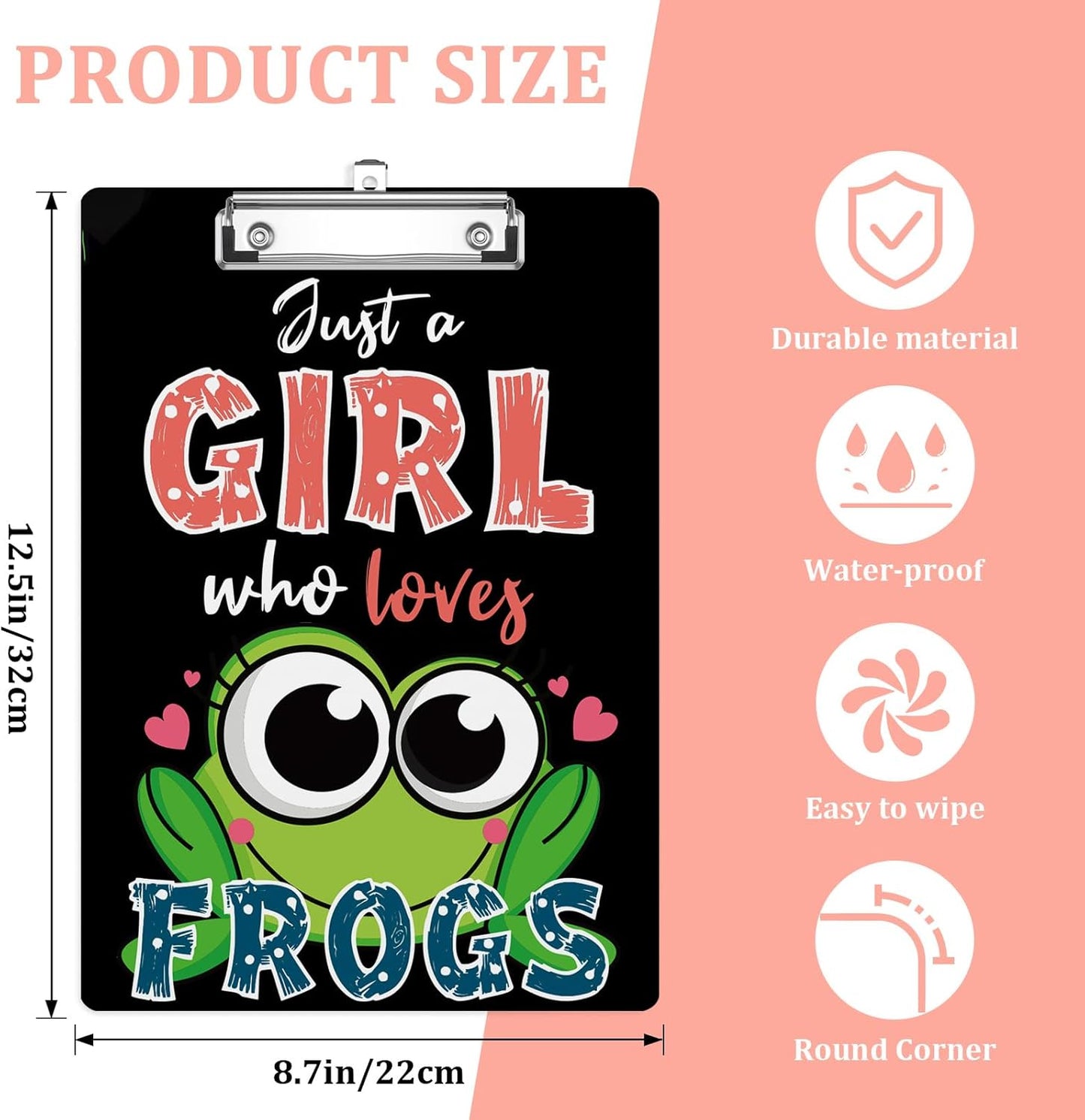 Just A Girl Who Loves Frogs Plastic Clipboards,Cute Fashion Clipboard Decorative 8.5" x 12.5"Standard A4 Size Clipboards,Acrylic Clipboard for Teacher,Social Worker,Students,Nurse,Office Supplies
