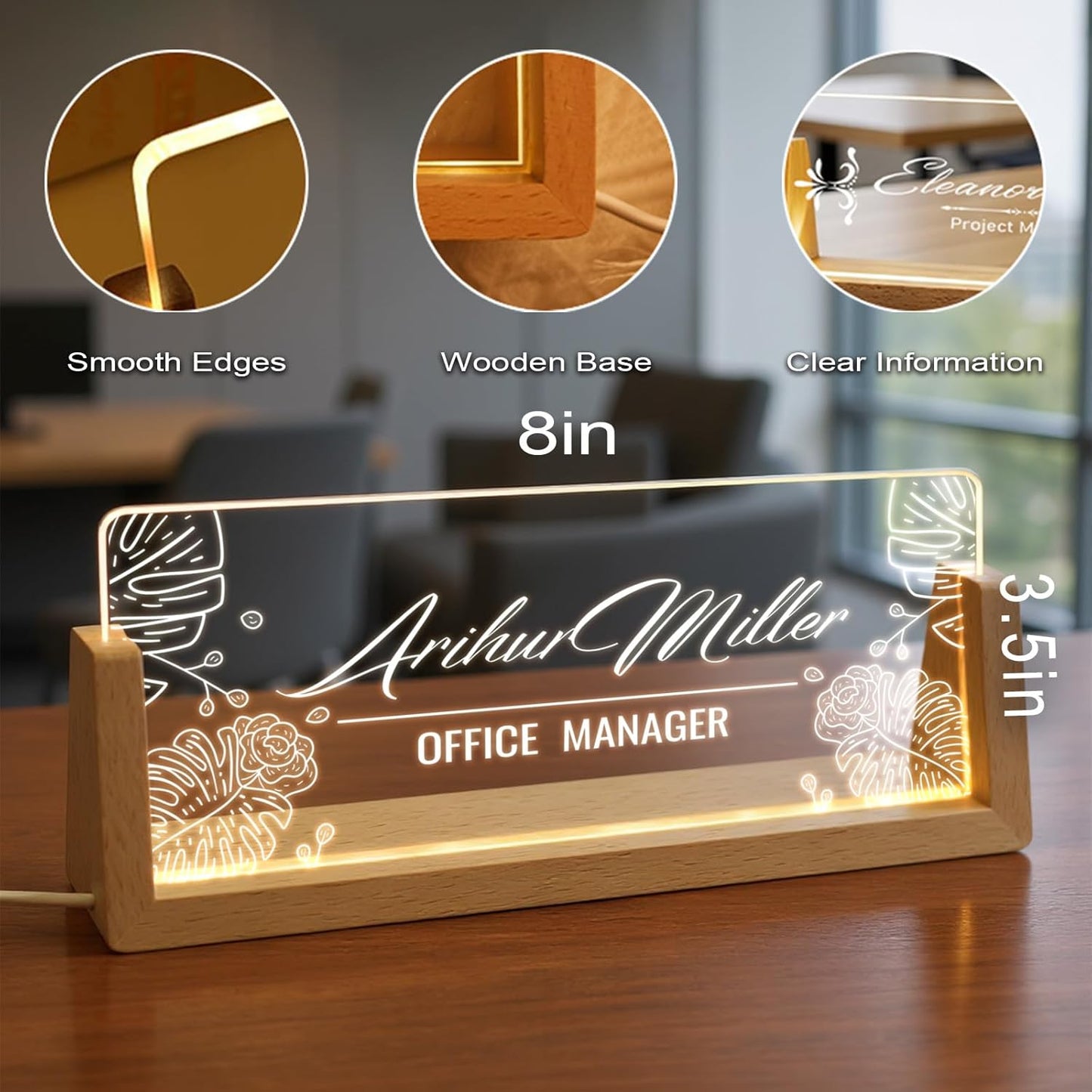 Custom Name Plate for Desk with Light Up Acrylic & Wooden Base - Personalized Office Sign for Teacher, Boss, Coworker - Employee Appreciation Gift for Educators Professionals