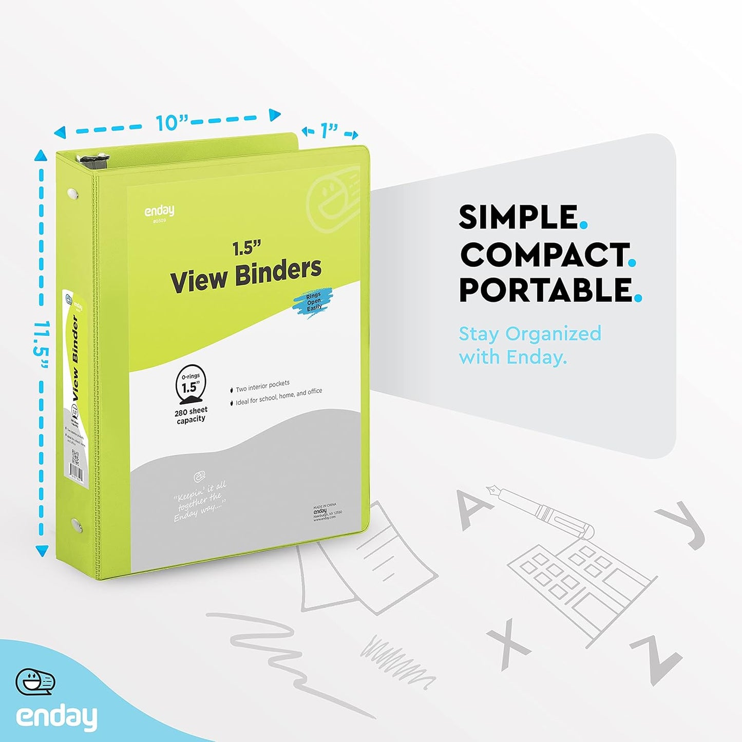 3 Ring Binder Green, 1.5 Inch Clear View Cover with 2 Inside Pockets Binder, Colored School Supplies 1 ½ Inch Round Ring Binders, Also Available in Red, Blue, Purple, Pink, and Grey (6 PC) – by Enday