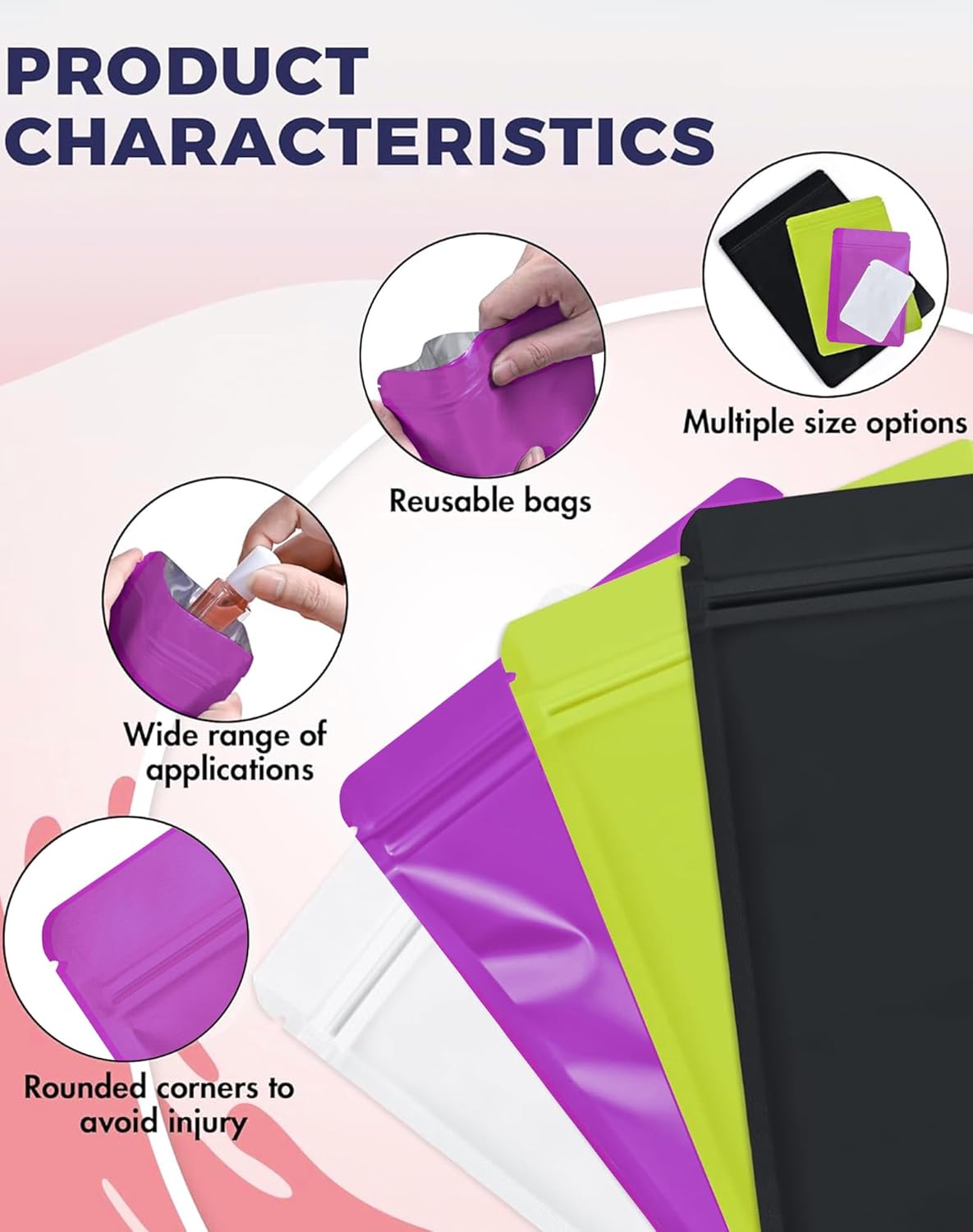 FireKylin 100 Pack Resealable Packaging Bags for Small Business Double-Sided Color Smell Proof Bags for Food Storage Flat Bag (Purple, 2.7" x 3.8")