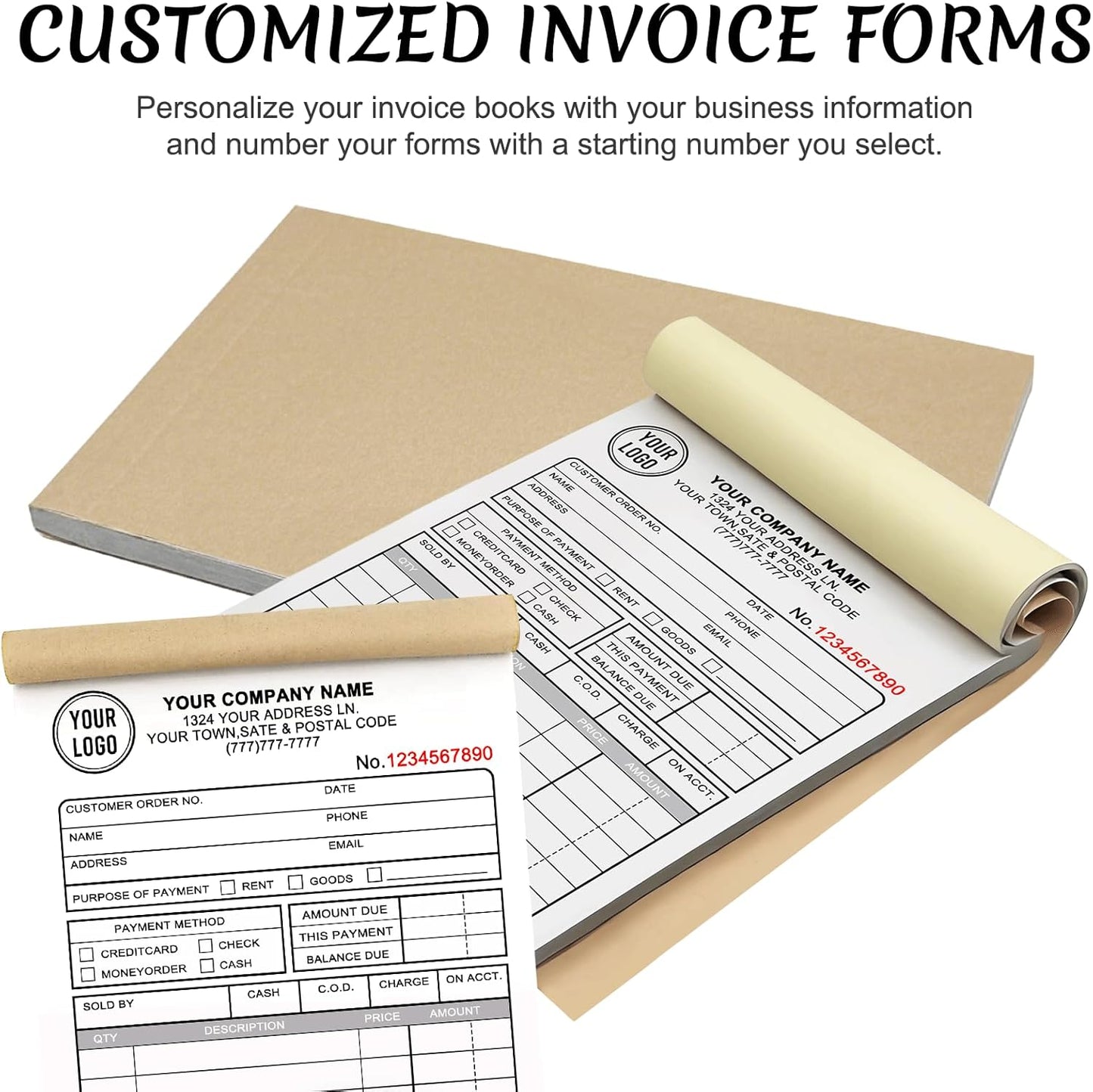 Custom Invoices Receipt Book for Small Business Personalized 3-Part Duplicate Carbonless Logo Receipt Books Sales Payment Forms with Company Name Address Phone Number 100 Sets 4.25" x 7"