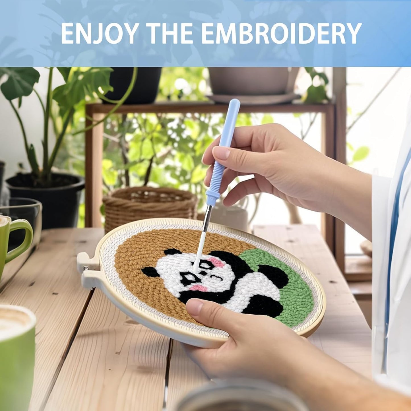 Danvk Panda Punch Embroidery Kit with Embroidery Fabric, Hoop,Scissor,Punch Needle and Yarns, Hand Craft Gift,DIY Embroidery Kits, Hand Punch Needle Kit for Women and Kids Beginners (Panda-Sitting)