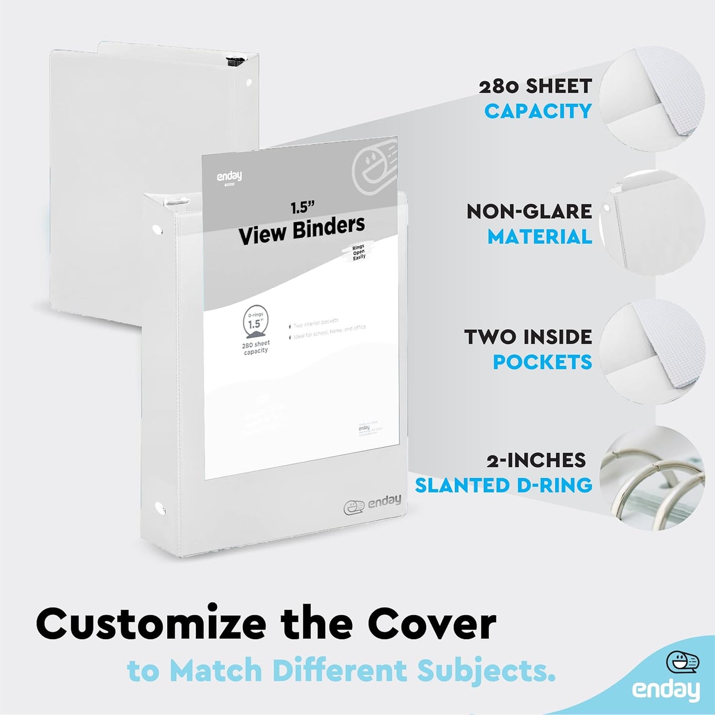 3 Ring Binder 1.5 Inch White, 1 ½ inch Binder Clear View Cover with 2 Inside Pockets, Colored School Supplies Office and Home, 6 Pack – by Enday