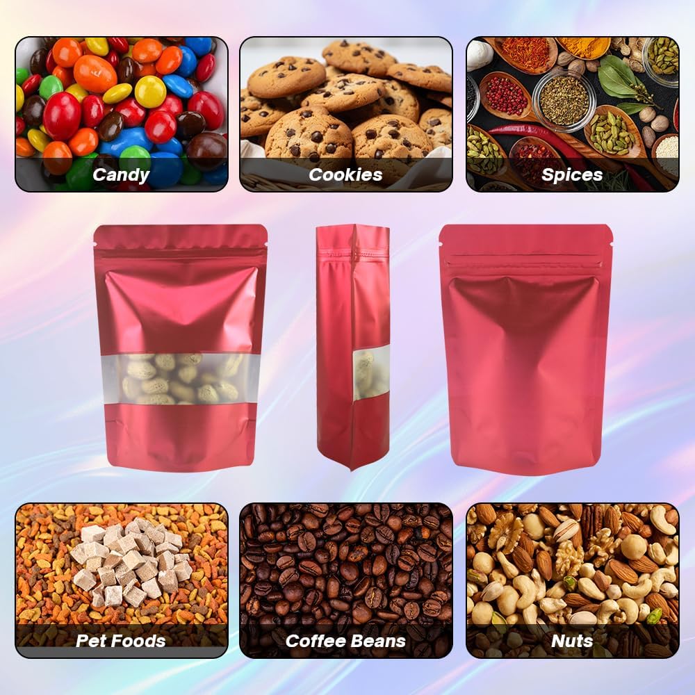 4CP 100 Pcs Red Zipper Smell Proof Bags with Window, 6.3x9.5 Inch Stand Up Foil Pouches for Food Selfsealing Storage, Reusable Bag for Packaging Small Business, Cookies, Nunt, Candy
