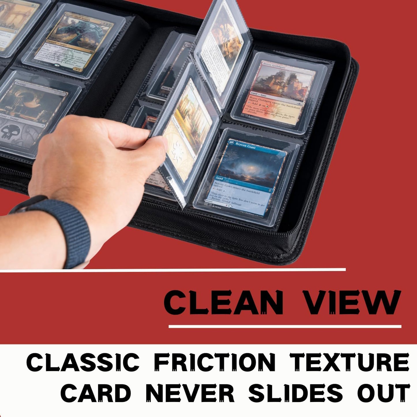 Toploader Binder, Holds 128+ Toploaders, 4 Pocket Top Loader Card Storage Case, Double-Sided Pockets for trading card in 3 x 4'' Toploaders（Red）