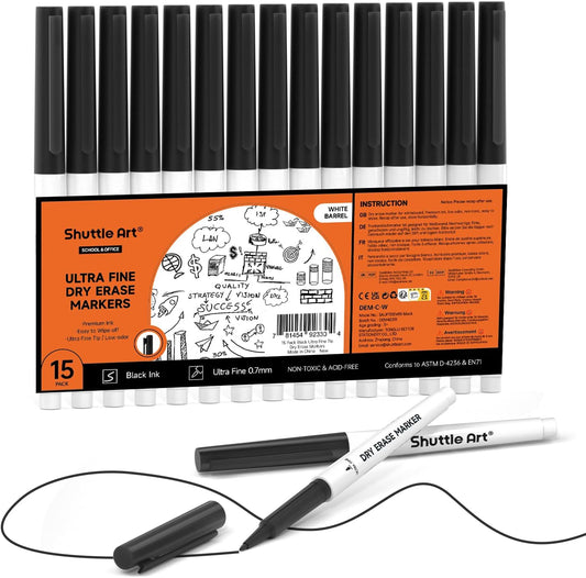Shuttle Art Ultra Fine Dry Erase Markers, 15 Pack Black Whiteboard Markers with Erase, Dry Erase Markers Perfect For Writing on Whiteboards, Dry-Erase Boards,Mirrors for School Office Home