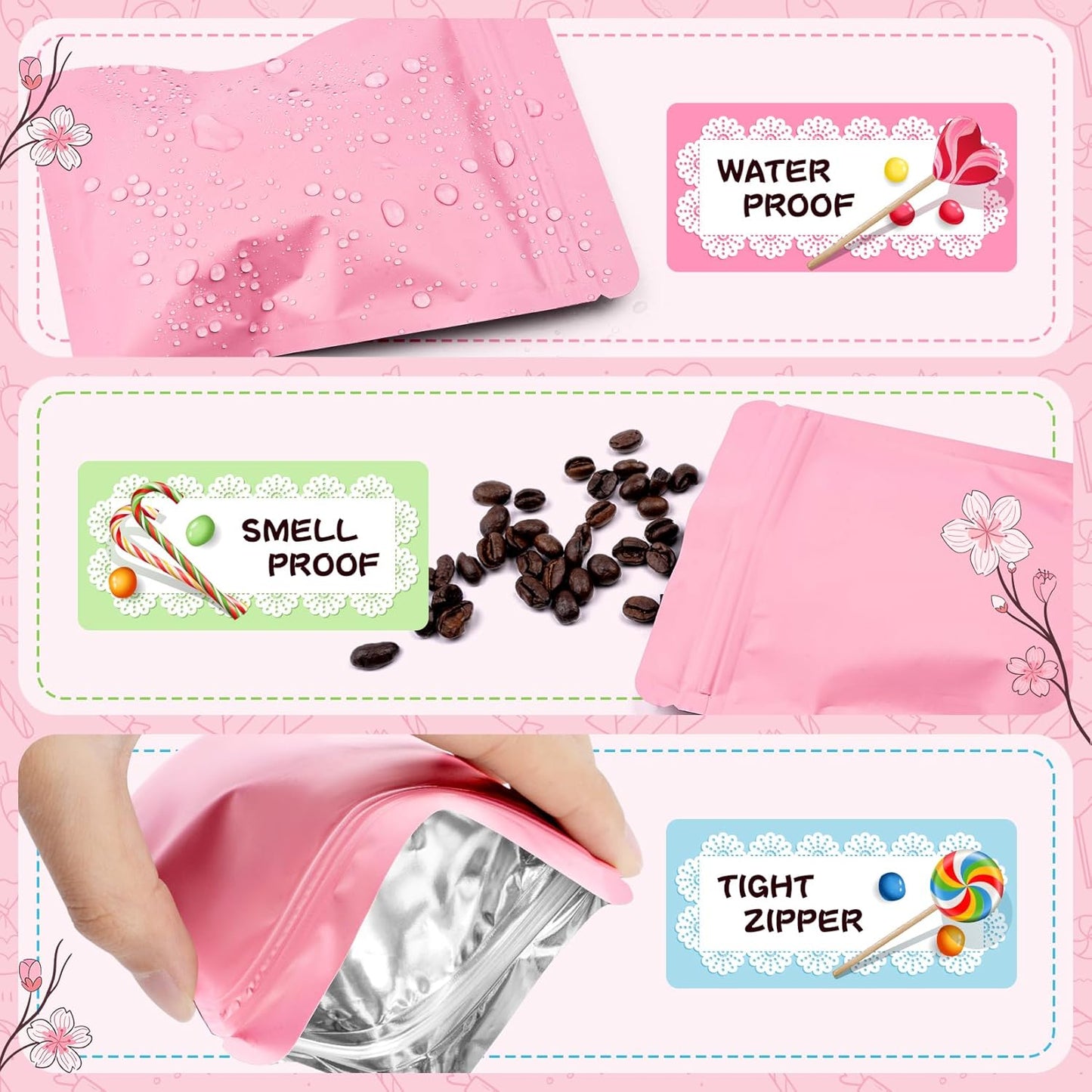 Funfery 100 Pack Pink Mylar Packaging Bags Resealable Bags Double Sided Color Odor Proof Pouch Baggies Smell Proof Foil Bag for Food Storage,Small Business(Pink,2.4x3.9inch)