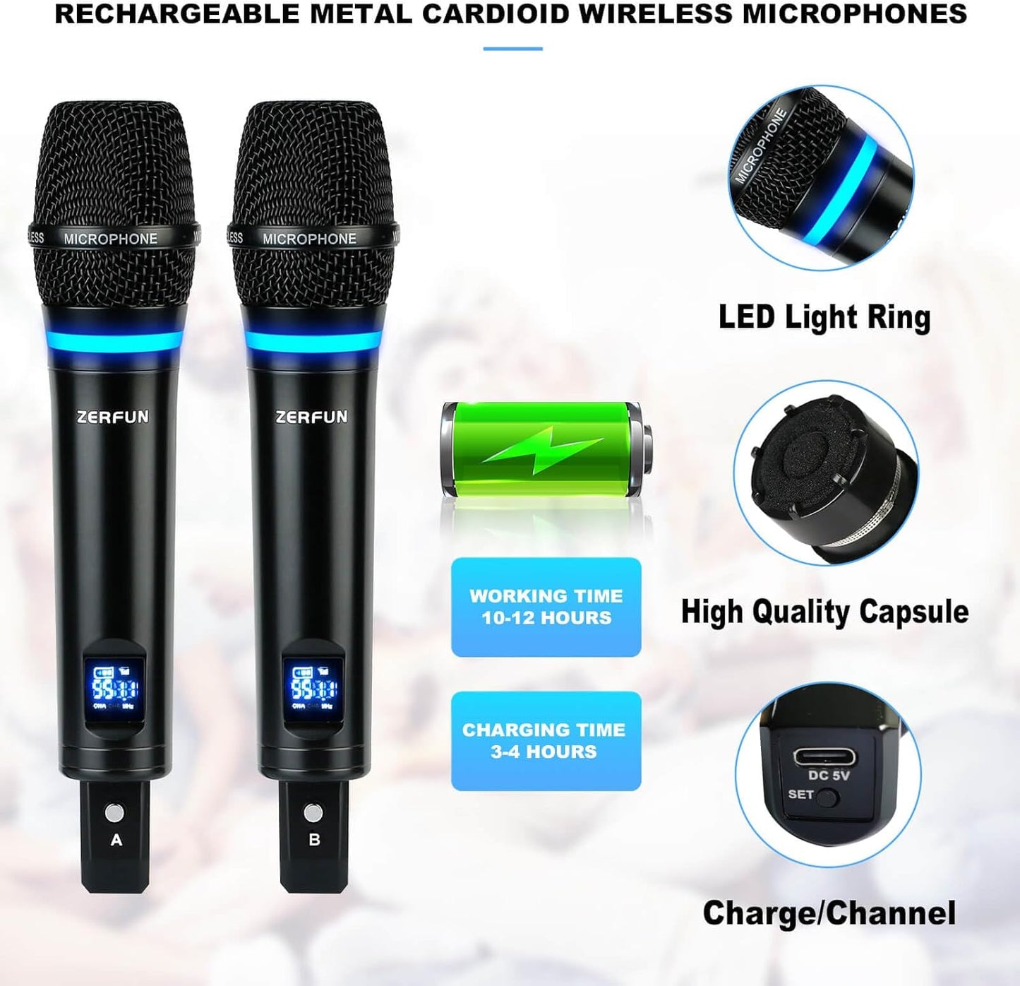 Pro Rechargeable Wireless Microphone System 4 Channel, UHF Metal Handheld Wireless Microphones Cordless Mics with Echo Bluetooth VOL Channel Control for Karaoke Singing Church(MU-898)