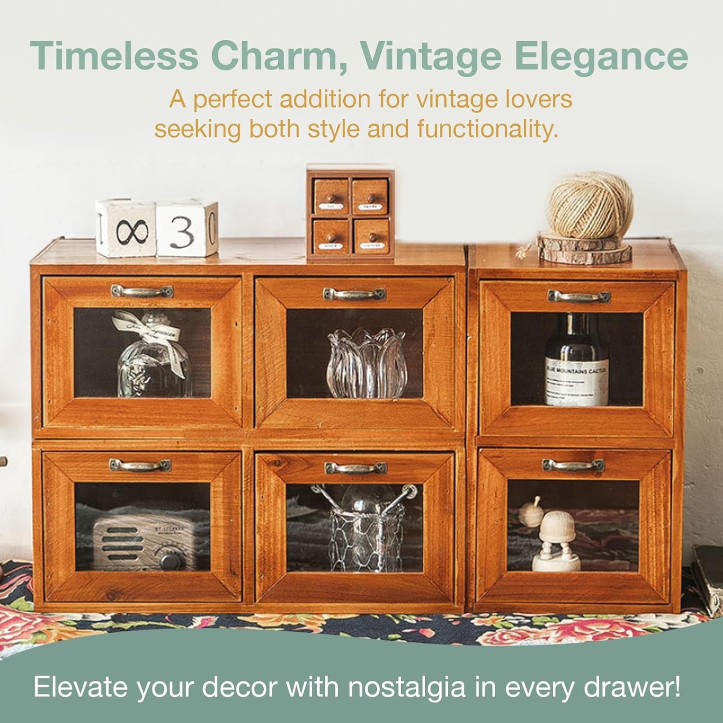 Set of 3 Desktop Organizer with Drawers - 2-Drawer Wood Organizer for Desk - Vintage Countertop Drawers with Glass Doors - Wooden Organizer Box for Index Card Catalog, Collectibles, Herb Storage