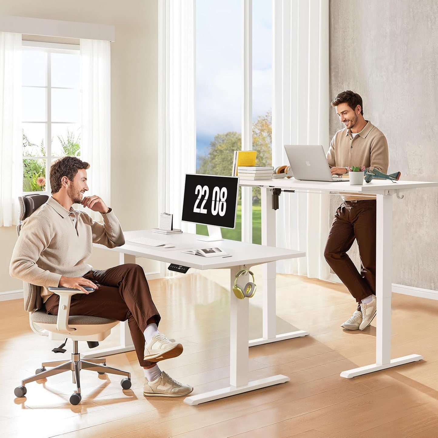 40x24 Inches Whole Piece Electric Standing Desk, Seamless One Piece Height Adjustable Sit to Stand up Desk for Home Office, Ergonomic Computer Workstation, White