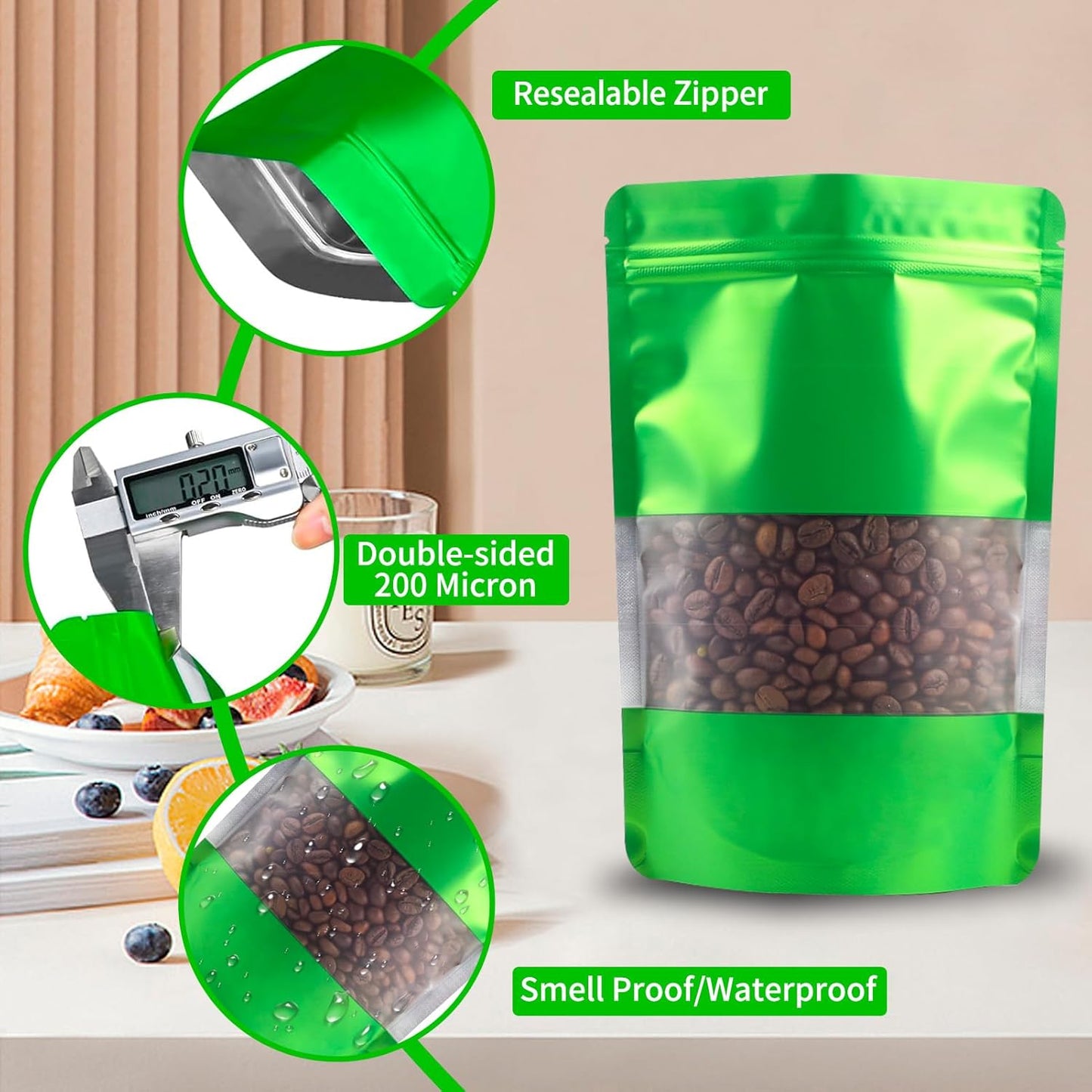 100 Pack Smell Proof Bags, Resealable Green Mylar Bags with Matte Window, Foil Pouch Stand Up Sealable Bags for Packaging, 6.29 × 9.44 Inch