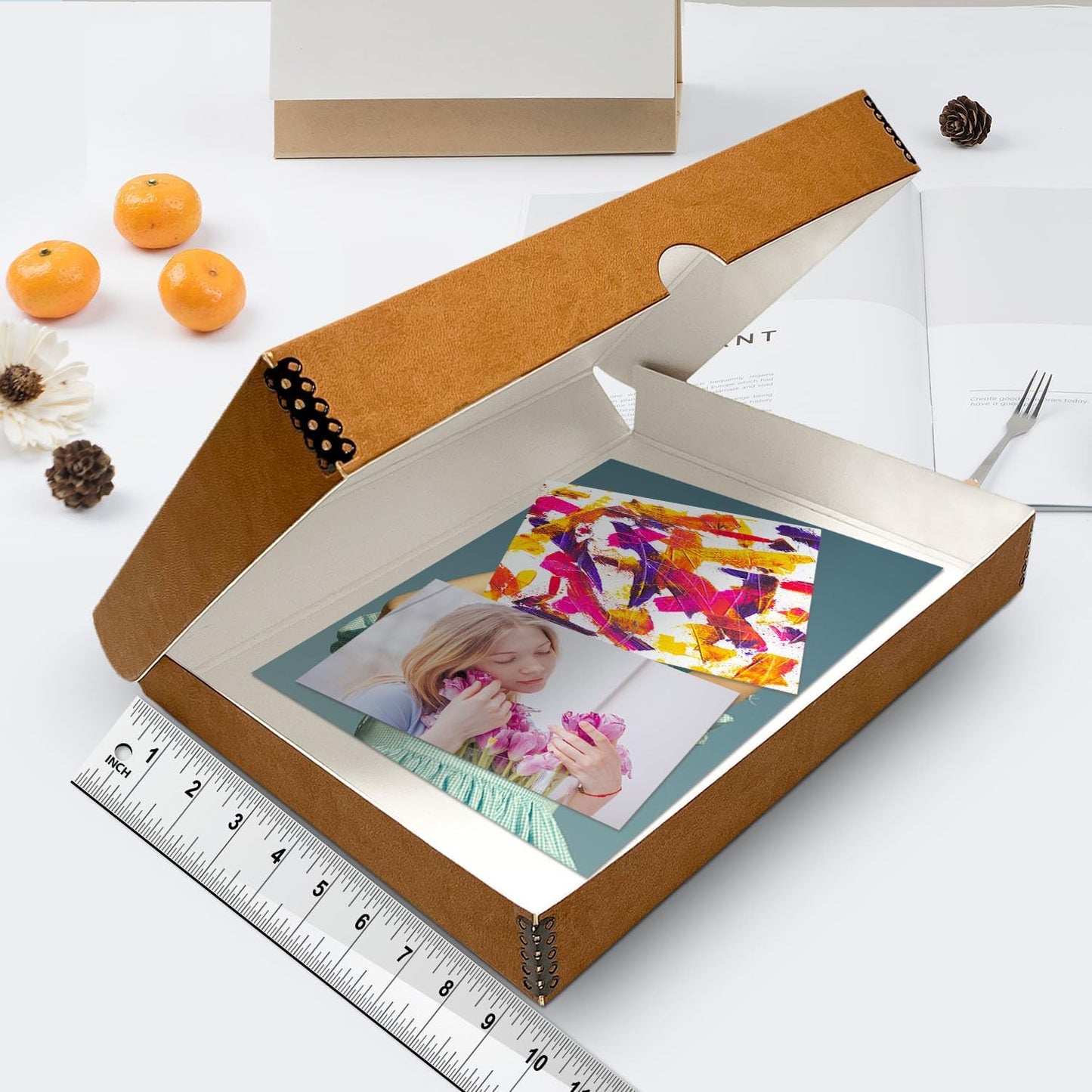 Lineco Folio Storage Box, Faux Leather Cover, Clamshell Design, 9.5x12.5x1.75 Inches, Archival Boxboard, Preserve Photos, Cards, Magazines, Documents, Art, Ephemera, Family Records, Tan, Pack of 1