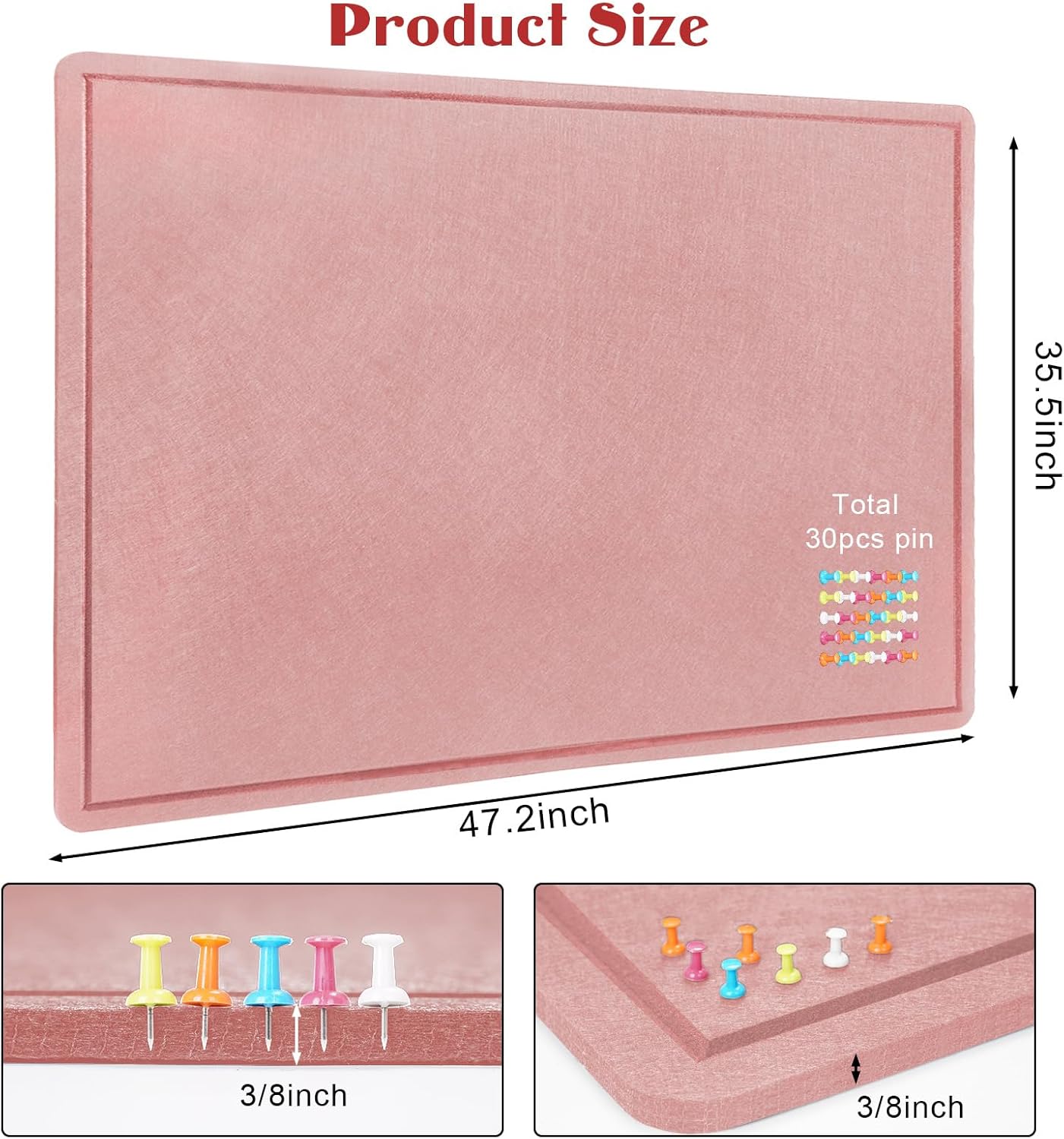 Large Bulletin Board - 48 X 36 inches Decorative Felt Pin Board - 4' x 3' Cork Board Alternative for Wall - Foldable Photo Board Self-Adhesive Vision Board Prayer Board with 30 Pushpins - Pink