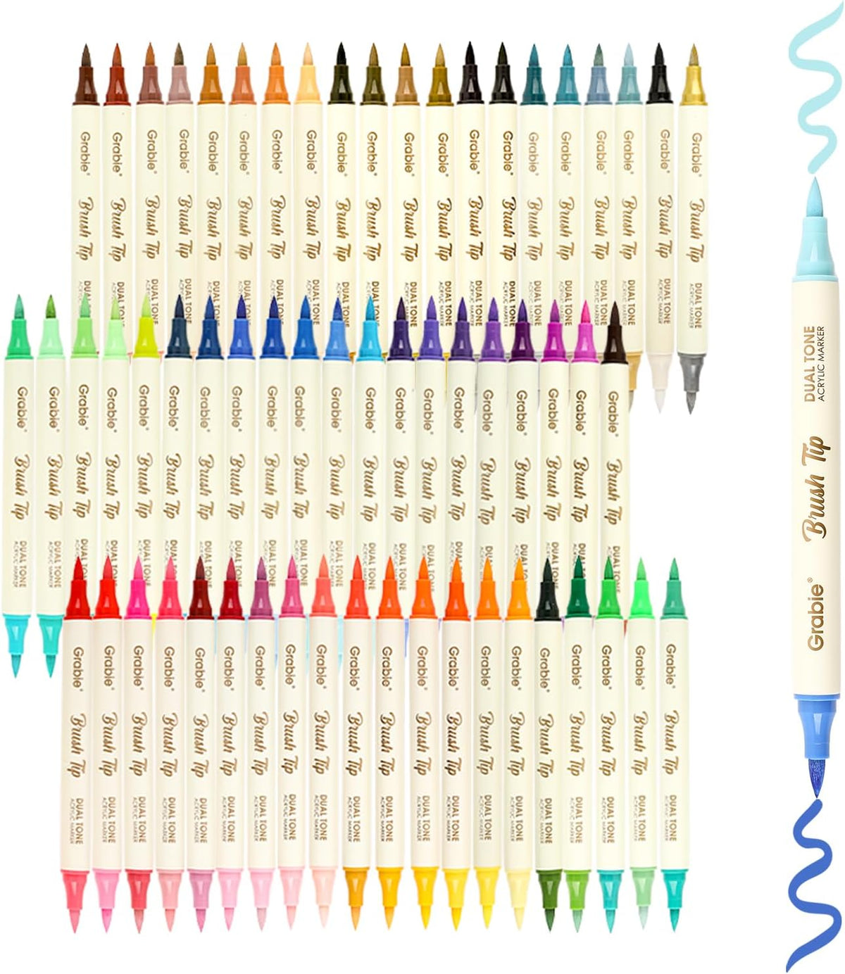 Grabie 120 Colors Dual Tone Brush Tip Acrylic Markers, Dual-Color Paint Markers with 60 Brush Tips, Double Tipped Acrylic Paint Pens for Fabric, Canvas,DIY, Canvas Art Supplies, Set of 60