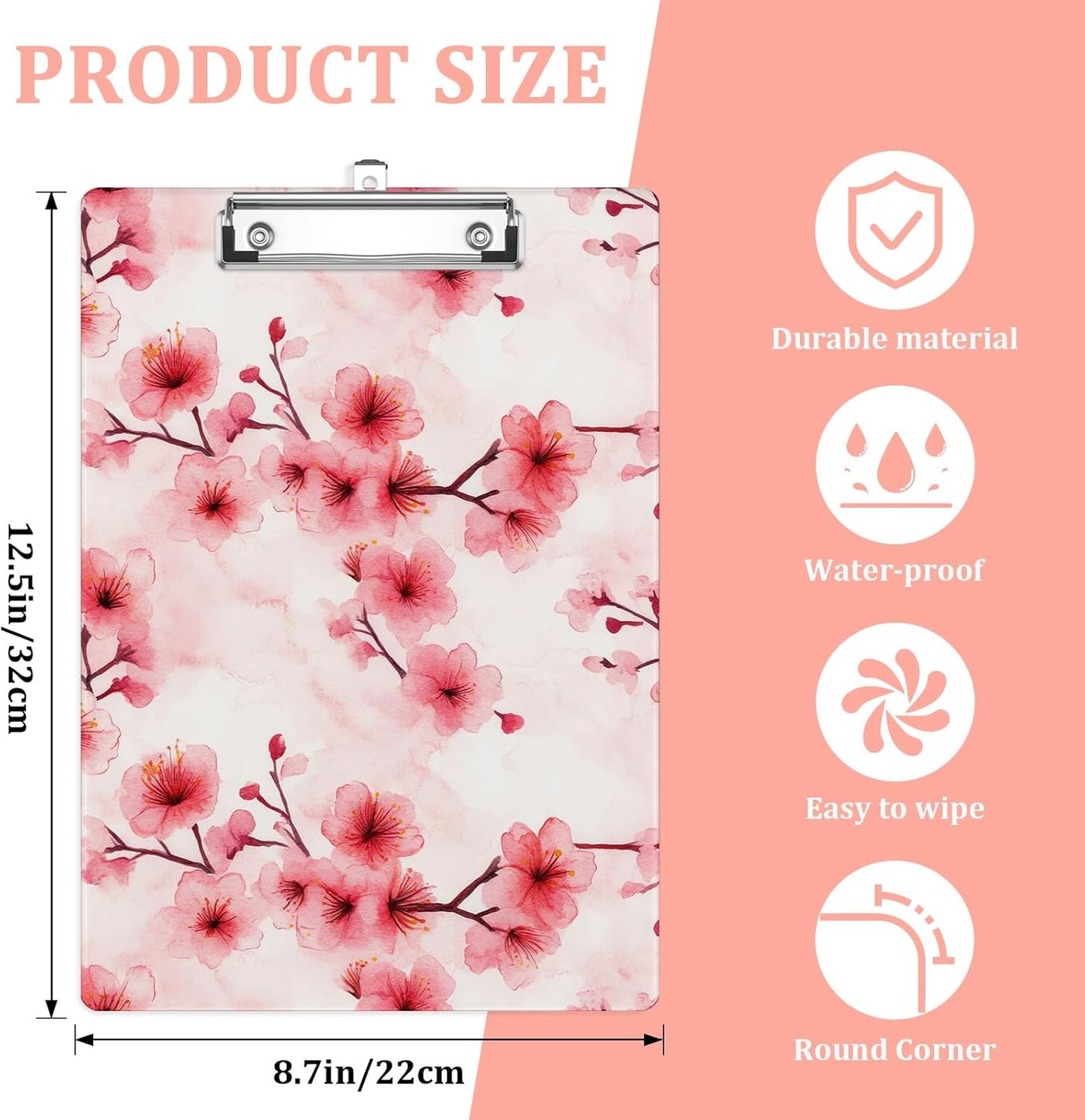 Pink Cherry Blossom Plastic Clipboards,Cute Fashion Clipboard Decorative 8.5" x 12.5"Standard A4 Size Clipboards,Acrylic Clipboard for Teacher,Social Worker,Students,Nurse,Office Supplies