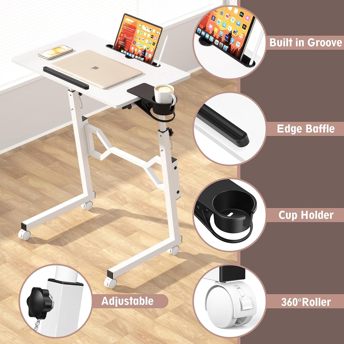 Small Standing Desk with Wheels, Portable Treadmill Desk, Rolling Desk Adjustable Height for Laptop, Mobile Standing Table for Walking Pad, Bedside Table