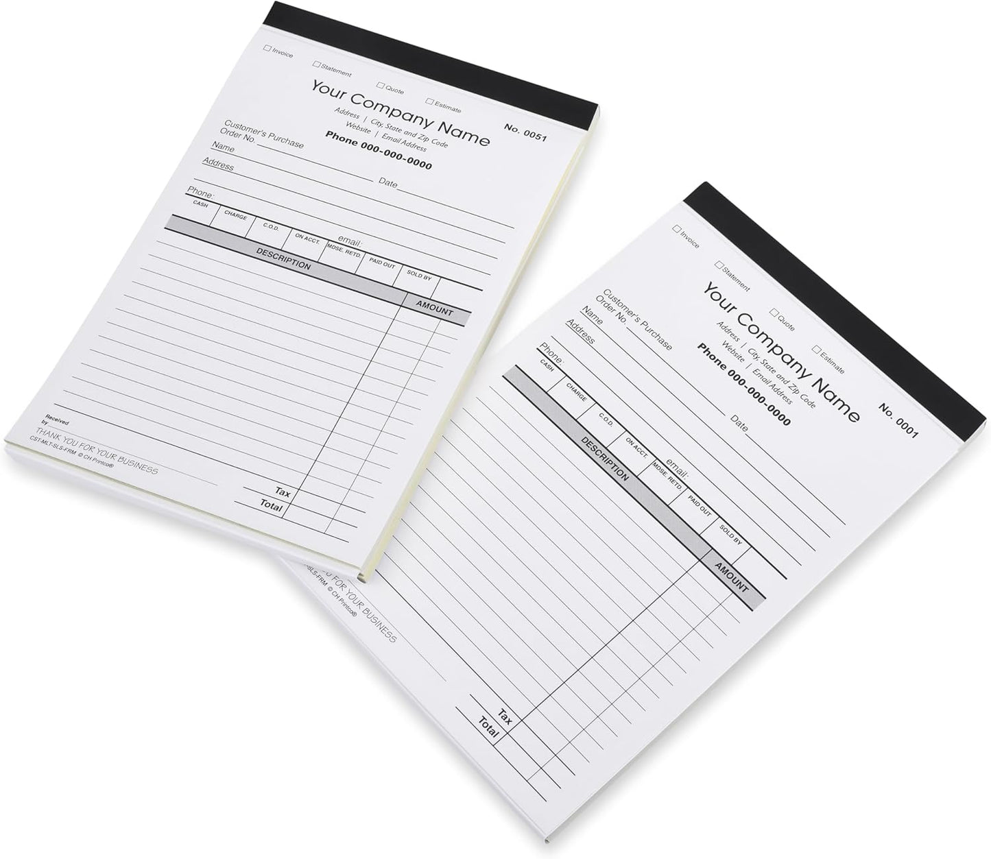 CH Printco Custom Sales, Invoice, Statement, Estimate, Quote, Personalized Multipurpose Duplicate Carbonless Form with Your Company Name - 2 Books (100 Sets) 5-1/2" Wide x 8-1/2" Tall.