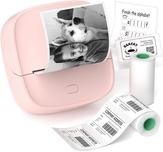 JD-23 Sticker Printer, Mini Portable Thermal Printer Print Pod, Inkless Bluetooth Label Maker Machine for DIY Crafts, Journaling, Office & Home Use, 2 Rolls Sticker Paper, Pink