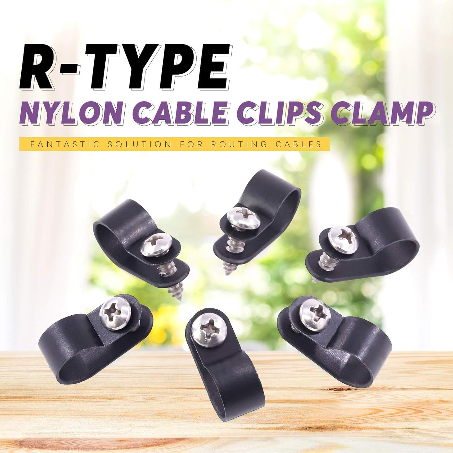 Swpeet 60 Pack Black 1/2 Inch Nylon Plastic R-Type Cable Clips Clamp Kit, Nylon Screw Mounting Cord Fastener Clips with 60 Pack Screws for Wire Management