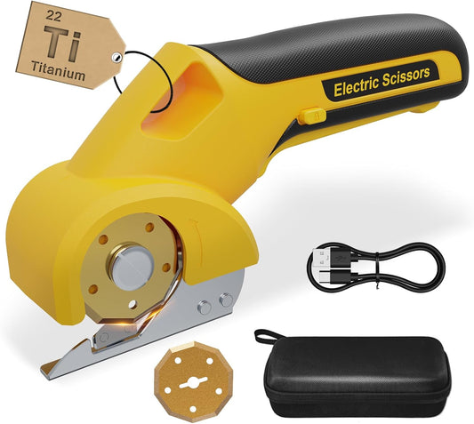 4V 2000mAh Cordless Cardboard Cutter, Electric Box Cutter for Cardboard with 2 Titanium Blades,LED & Safety Lock,Max Cutting1/4",Rotary Cutter for Fabric,Gifts for Men&Women - Yellow