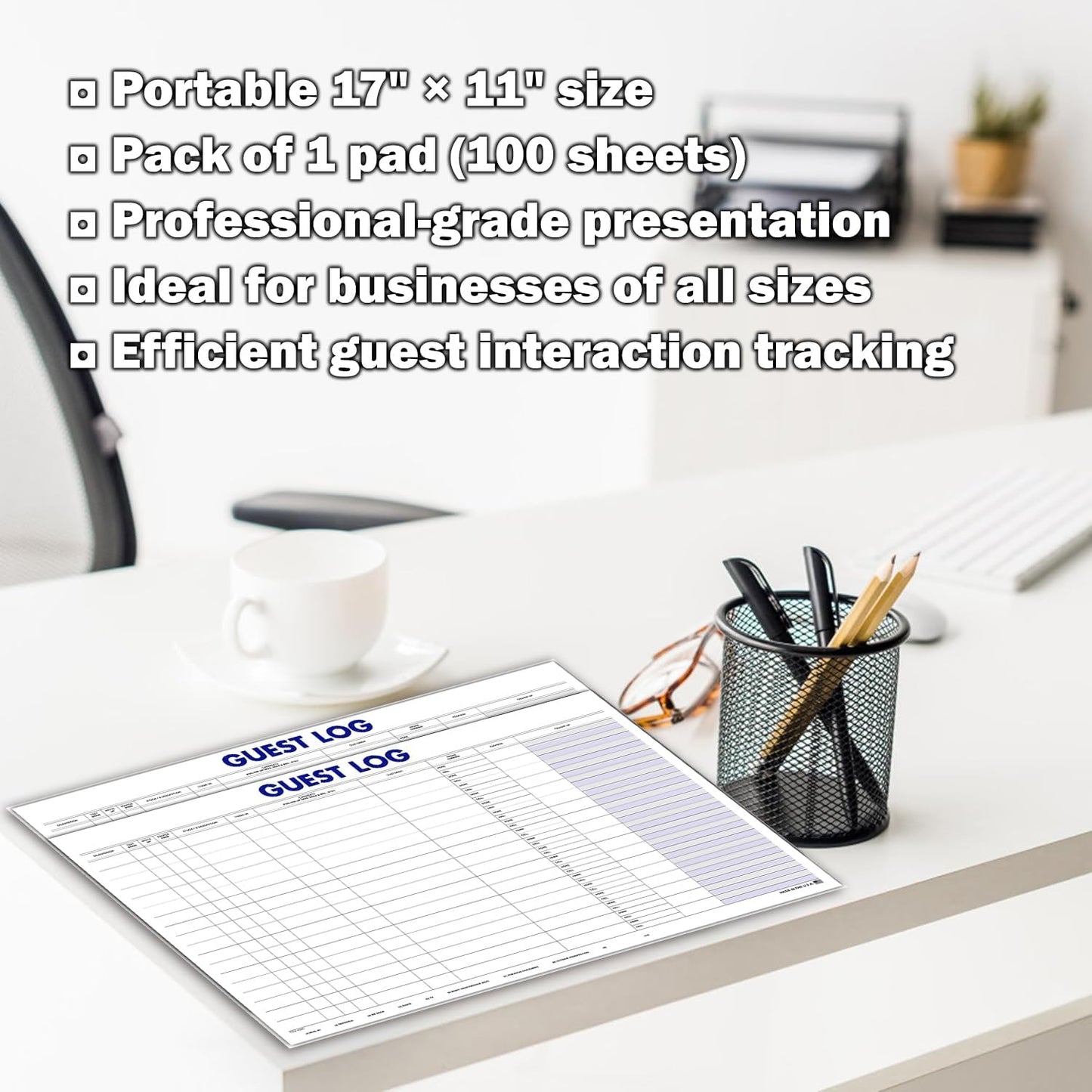 Professional Guest Log Book - Efficiently Track Potential Customers and Follow-Up - Ideal for Automotive Dealerships, Repair Shops, and Service Centers - 17" × 11" - 100 Sheets Per Pad - Pack of 4