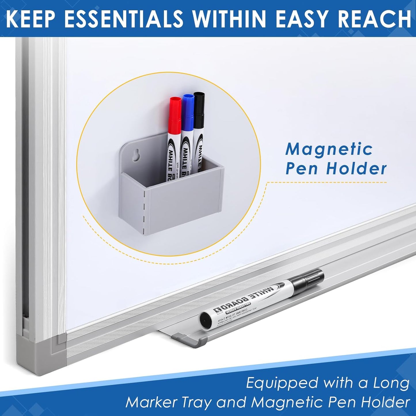 Dry Erase Board 60" x 40" Aluminum Presentation Magnetic Whiteboard with Long Pen Tray, Wall Mounted White Board for School, Office and Home