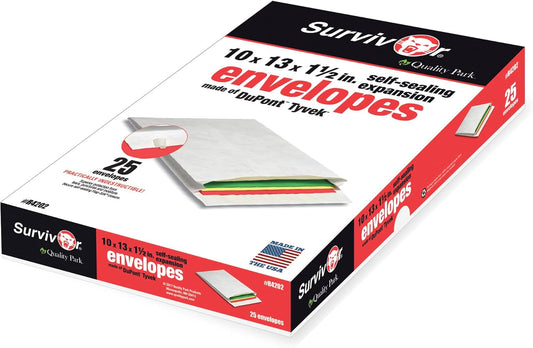 Quality Park Survivor Lightweight 14 lb Tyvek Open End 1.5" Expansion Mailers, 13 1/2, Square Flap, Redi-Strip Closure, 10 x 13, White, 25/Box