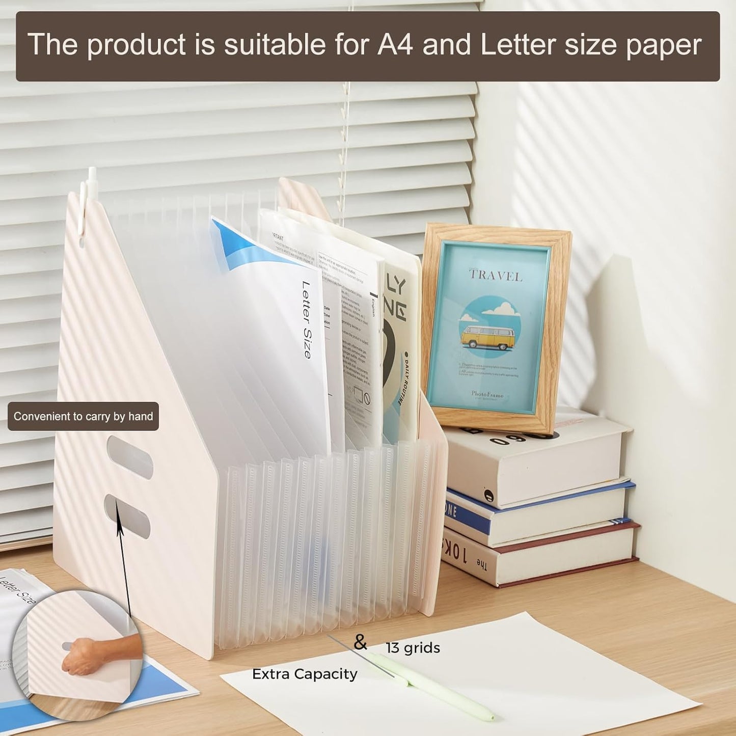 2-Piece Vertical Accordion Folder Manager, 13 Grid Expansion Pages, Vertically Opened Storage Bag for organizing Materials, School, Home, and Office letterhead, Sky Blue