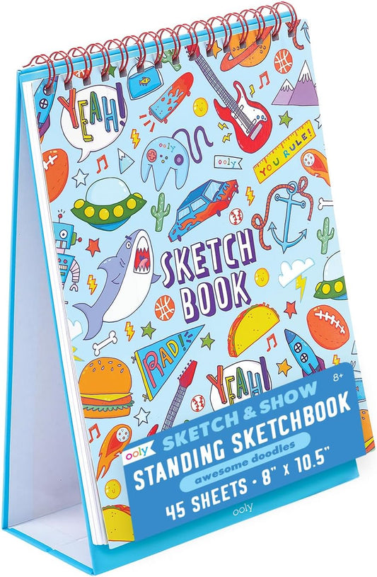 OOLY Sketch and Show Standing Sketchbook, 45 Large 10.5 x 8 Pages, Perforated to be Easily Removed, 120 GSM/ 32lb Perfect for Markers, Colored Pencils, Back to School Supplies - Awesome Doodles