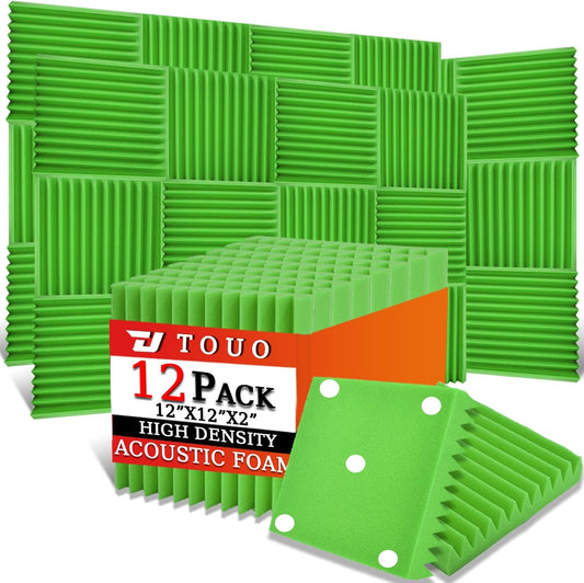 12 Pack Acoustic Panels – Sound Proof Foam Panels for Wall 12"x12"x2", Flame Retardant Wedge Acoustic Foam, High-Density Sound Absorbing Panels for Home Studio(Green, 2" Thick 12 Pack)