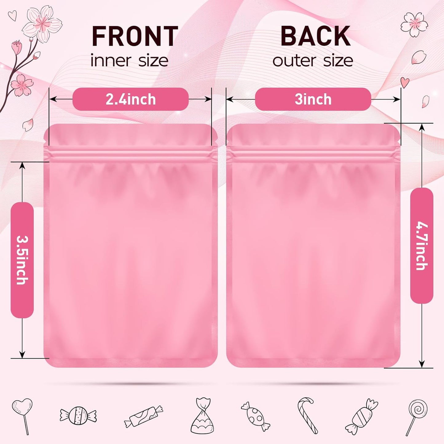 Funfery 100 Pack Pink Mylar Packaging Bags Resealable Bags Double Sided Color Odor Proof Pouch Baggies Smell Proof Foil Bag for Food Storage,Small Business(Pink,3x4inch)