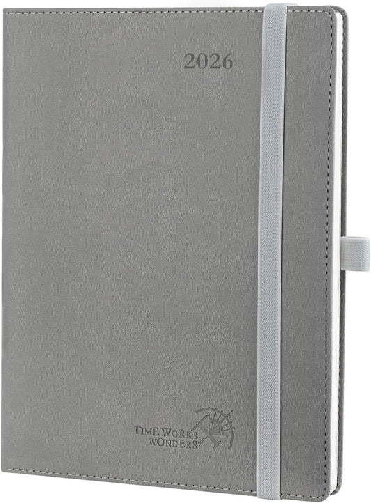 POPRUN 2026 Planner (Medium - 6.5'' x 8.5'') - 2026 Weekly Calendar ((Jan. 2026 - Dec. 2026) with Hourly Time Slots, Weekly/Monthly Appointment Book for Time Management - Leather Soft Cover - Grey