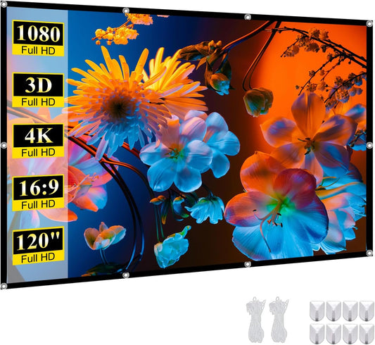 Portable 120 inch Outdoor Projector Screen: Foldable Anti-Crease Indoor Hanging Wall Home Theater Screen with 4K HD