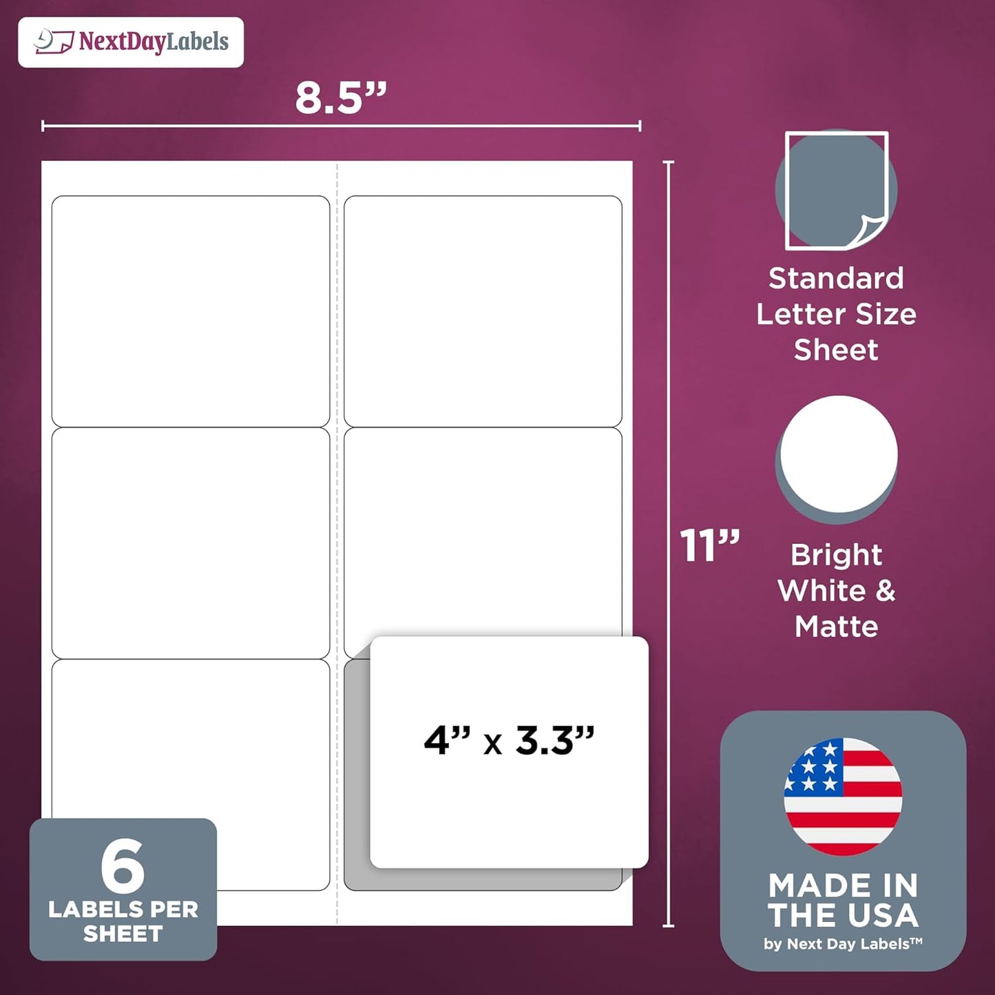 NextDayLabels – 4" x 3-1/3" Rectangular Sticker Labels for Printer - White Laser/Inkjet Printer Labels Return Address Labels Shipping Label Stickers (25 Sheets, 6 Per Sheet, 150 Labels)