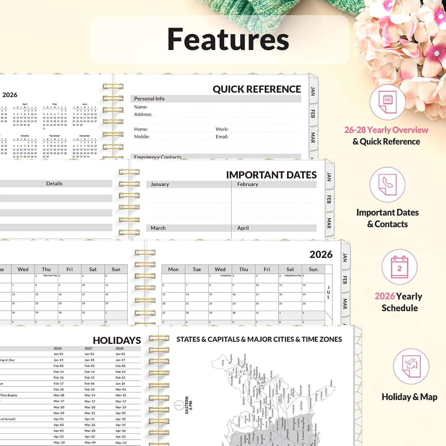SUNEE Planner 2026 Weekly and Monthly, January 2026-December 2026, 6.4"x8.3", Tabs, Note Pages,Spiral Binding, Watercolor Flowers