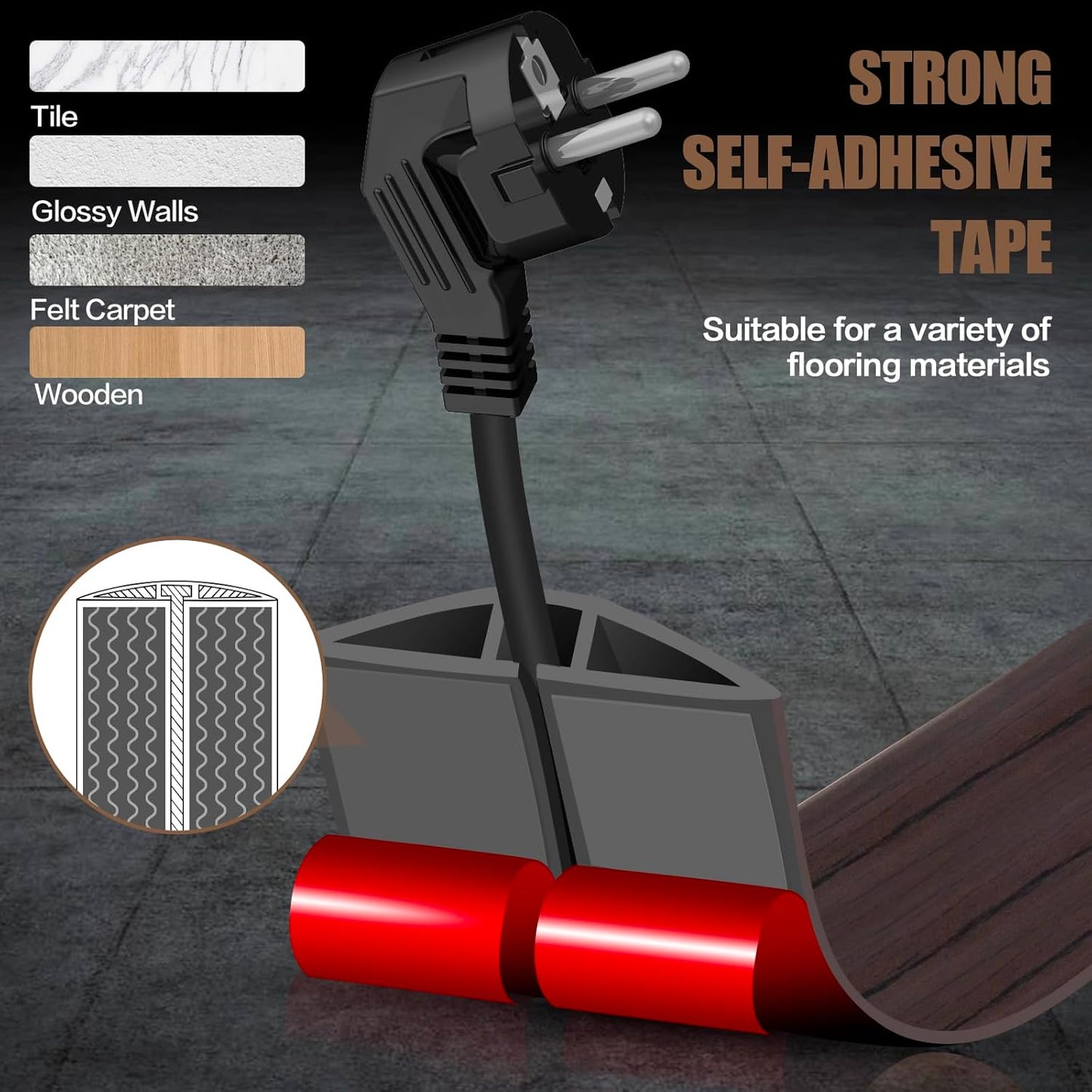 Floor Cord Cover Self Adhesive Cord Hider,20FT Cable Management, Extension Strip Protector for Wires, Prevent Cable Trips for Offices, Gyms, Exhibitions Cavity:0.39"(W) x 0.27"(H) Black Wood