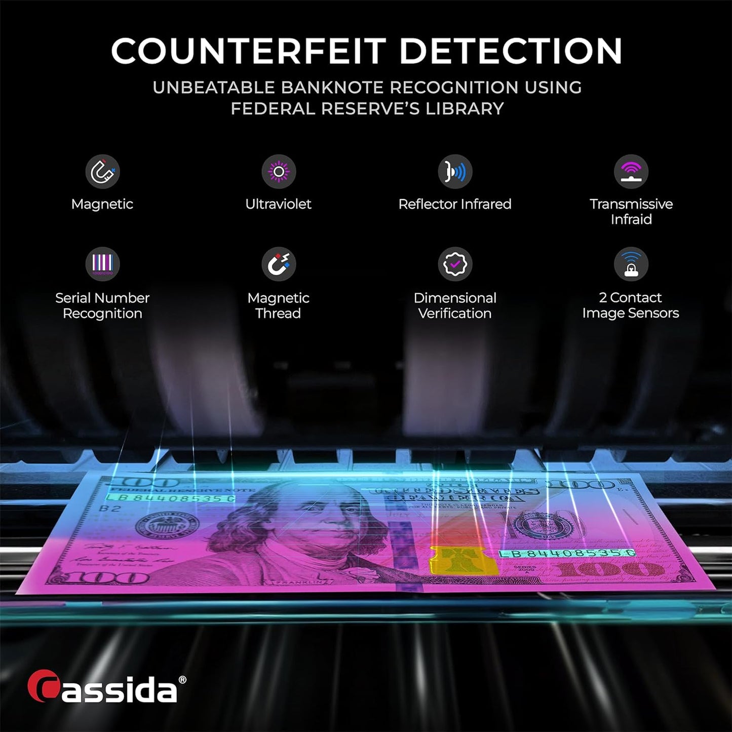 Cassida 8800R V2 USA Premium Bank-Grade Mixed Denomination Money Counter Machine, Advanced Counterfeit Detection, Multi-Currency, 3-Year Warranty, Includes External Display, Printing Enabled