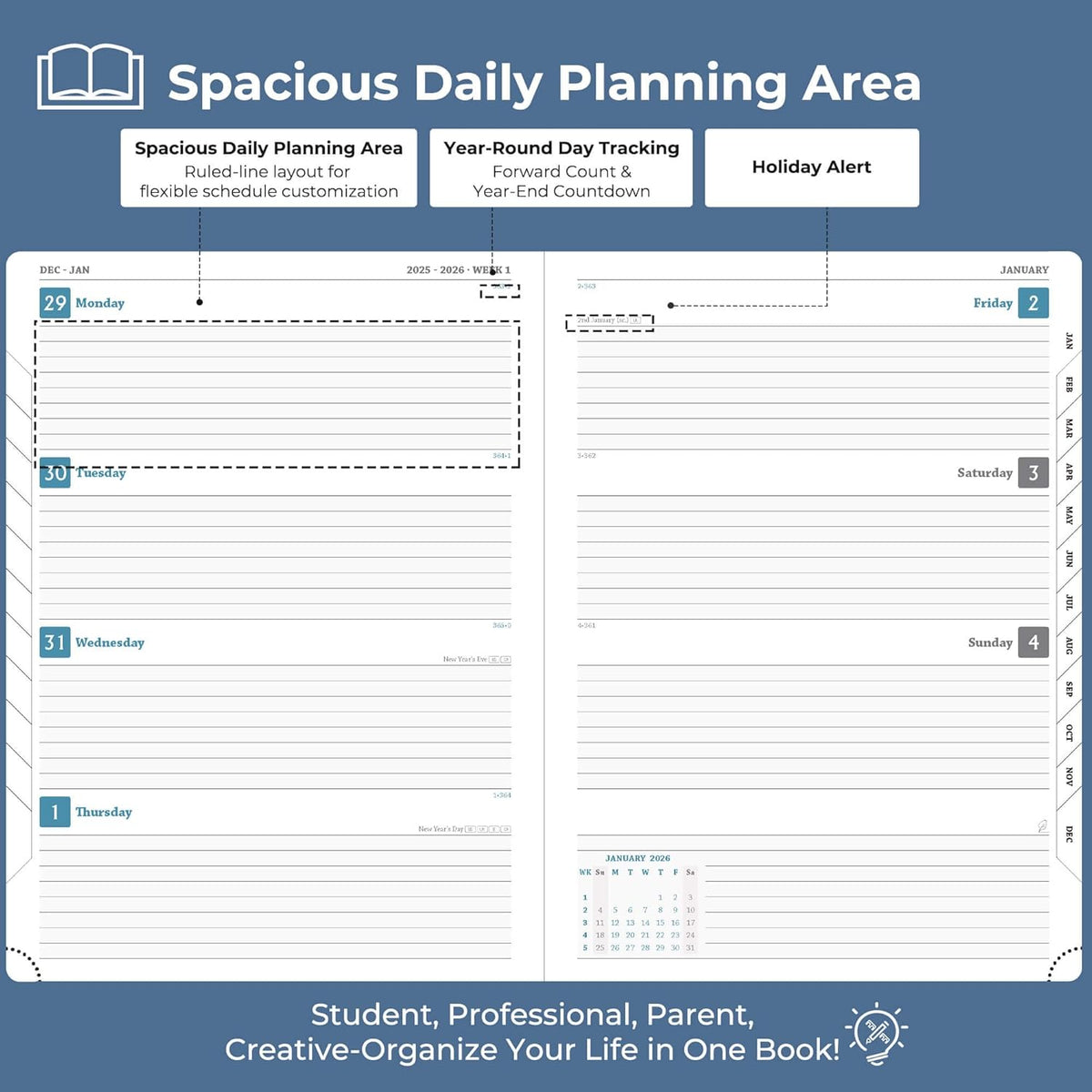 Planner 2026 Daily Weekly and Monthly,11.5"x8.5",12 Months Spiral Bound Calendar Agenda with Self-adhesive Pen Holder,2026 Appointment Book with Vegan Leather Soft Cover,Blue