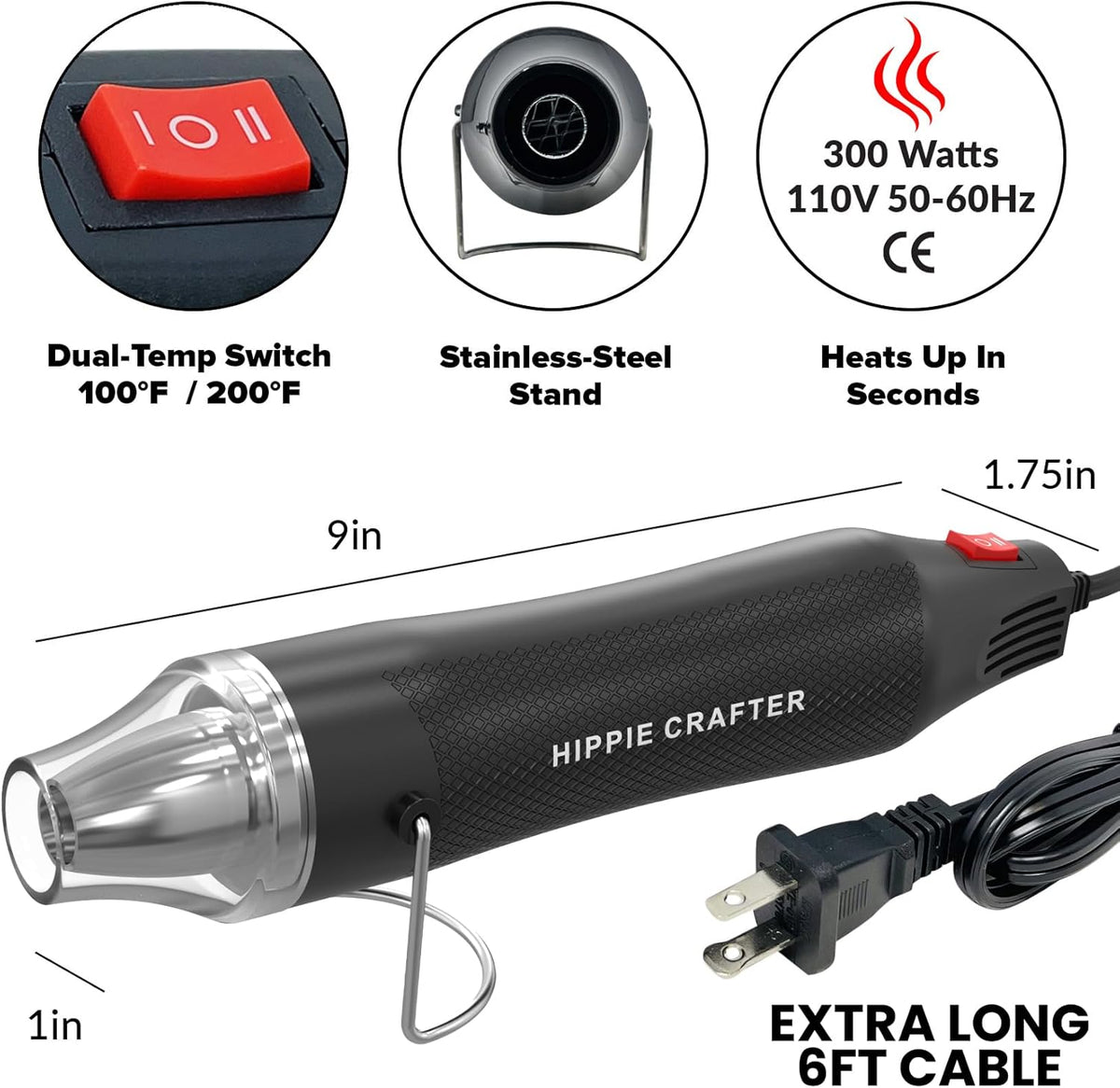 Craft Heat Gun for Crafts, 2-Speed 300W Mini Hot Air Torch Tool for Resin, Polymer Clay, Candle Making, Shrink Wrapping, Embossing, Epoxy Painting, Tumblers, and Bubble Busting in Art Projects