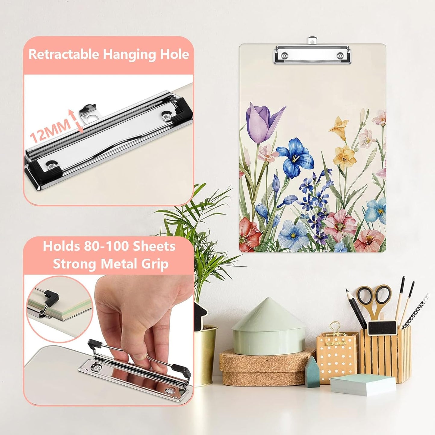 Boho Spring Wildflowers Plastic Clipboards,Cute Fashion Clipboard Decorative 8.5" x 12.5"Standard A4 Size Clipboards,Acrylic Clipboard for Teacher,Social Worker,Students,Nurse,Office Supplies
