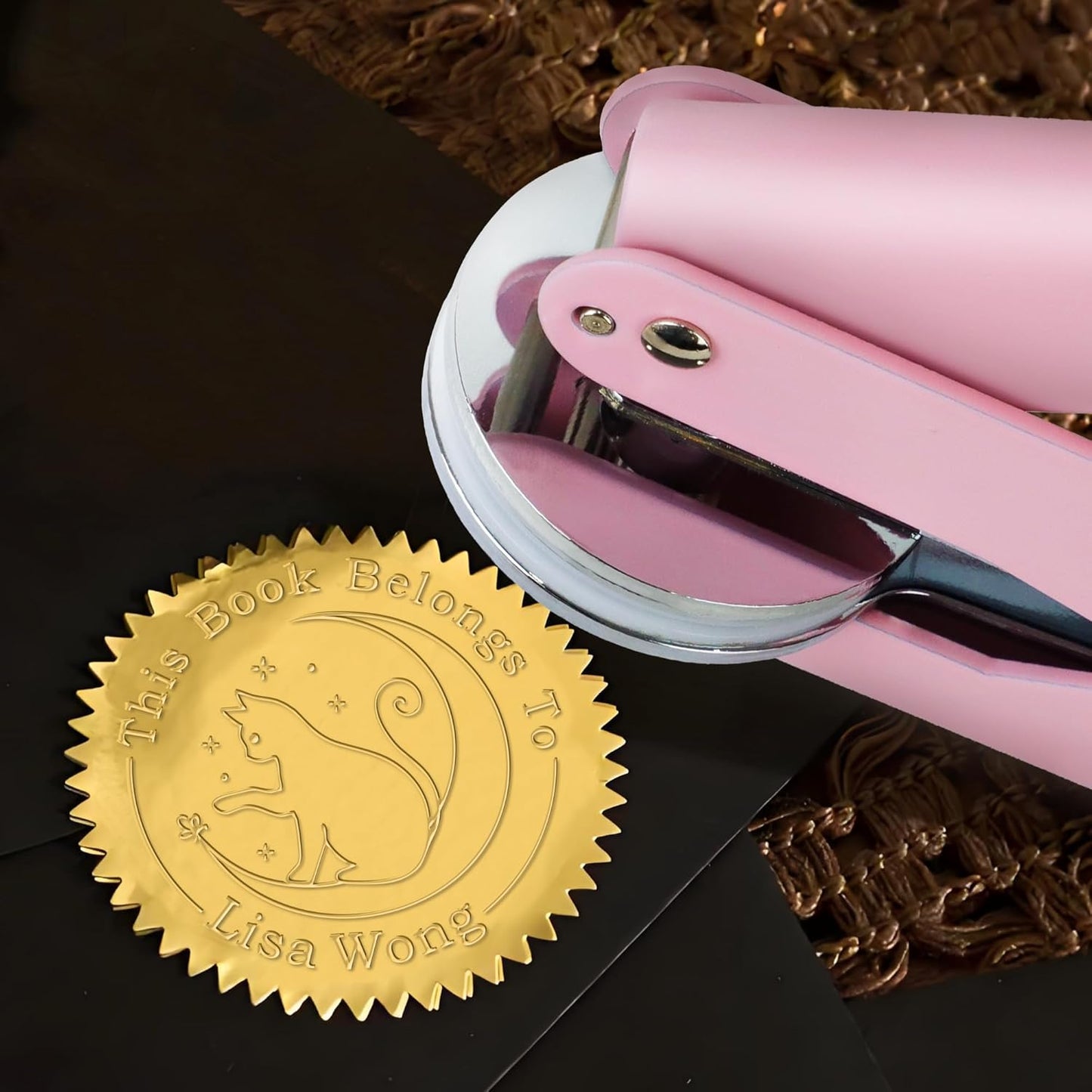 Cat Moon Book Embosser Custom Embosser Stamp with Your Name and Cute Kitty Personalized Library Embosser Stamp Customized Books Business Cards Paper Documents Notebooks etc. (Cute Cat - 03)
