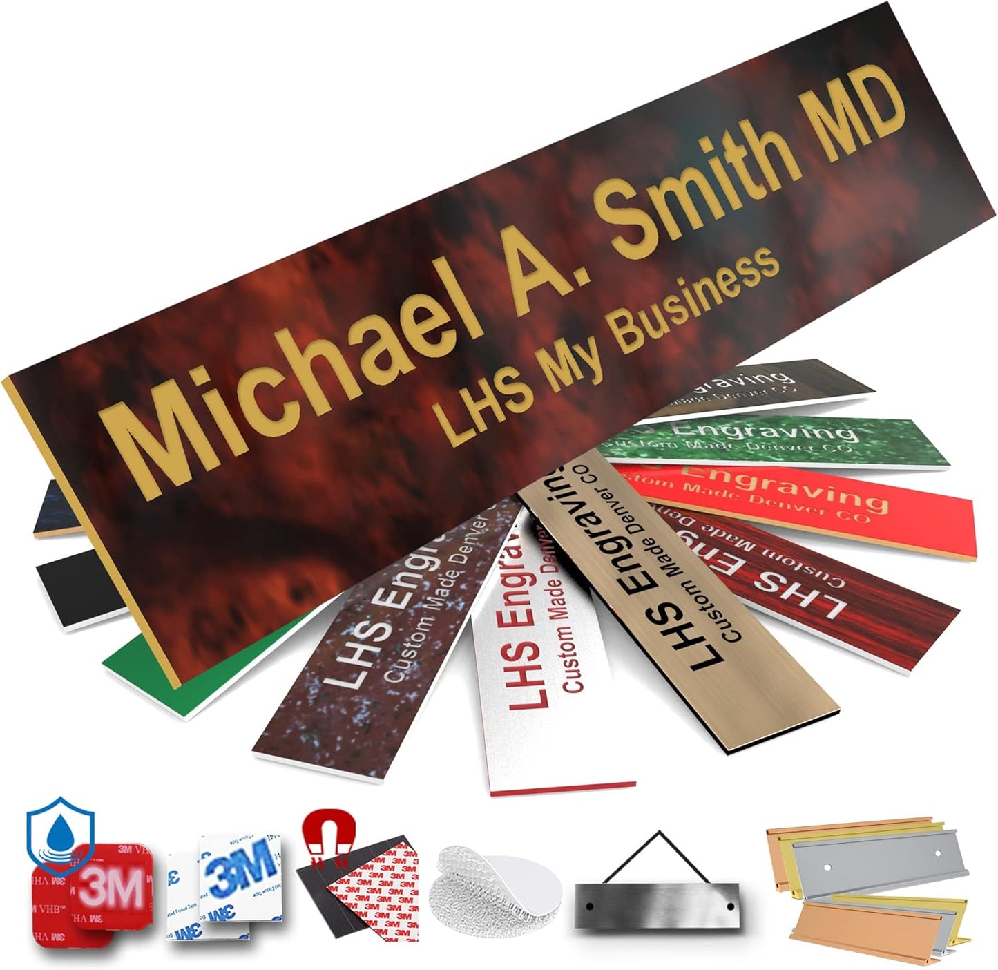 Engraved Name Plates for Door Sign Personalized Burlwood Plastic Plaque with Gold Letters - Made in USA 2x10 N2