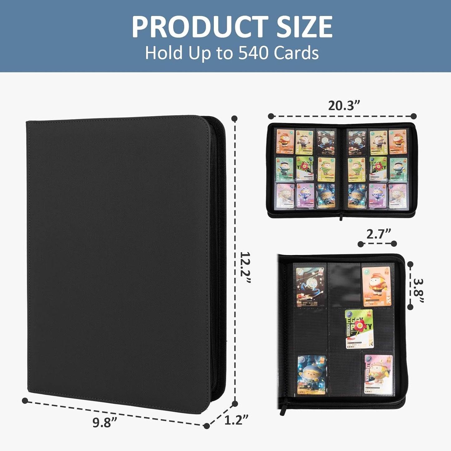 Trading Card Binder 9 Pocket with Zipper, Fvxldcz PU Cover Card Collection Binder 540 Cards Sleek Side-Loading Card Album, Sturdy Card Collection Folder for TCG, MTG, Yugioh, Sport Cards
